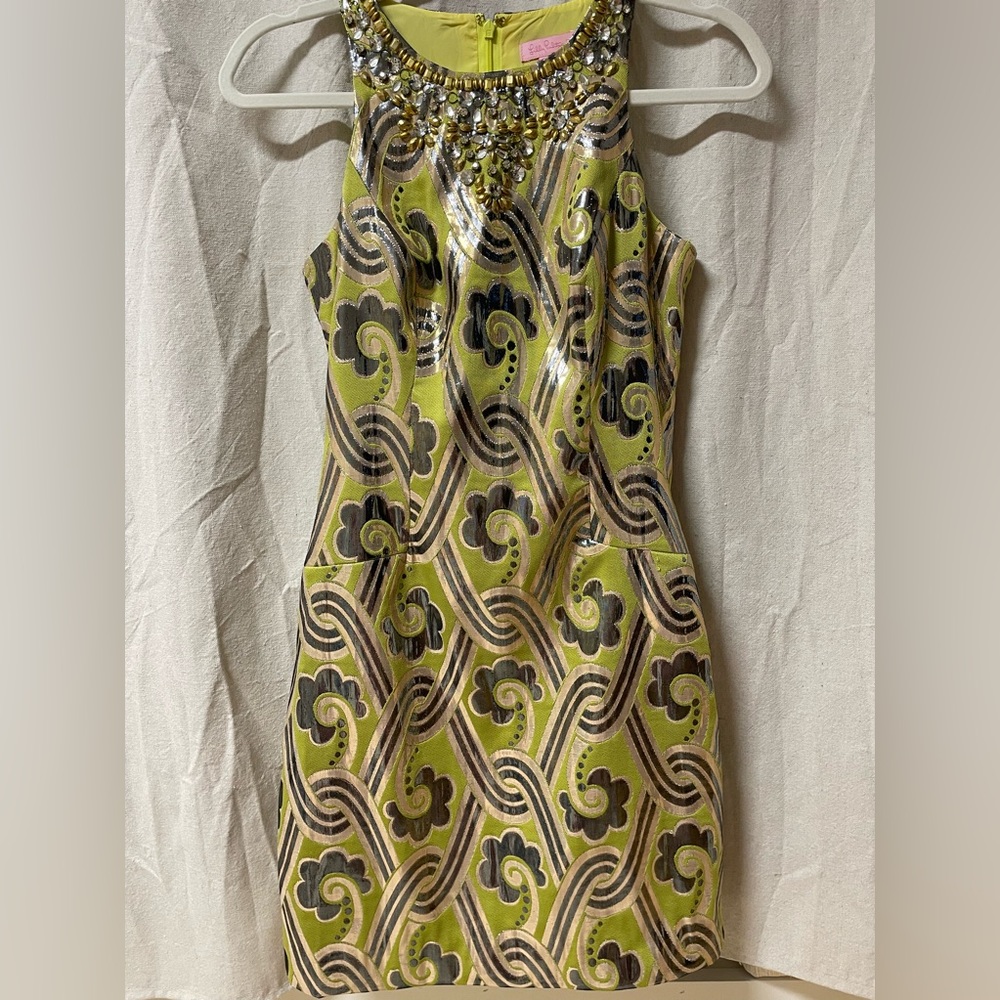 Lilly Pulitzer metallic green retro vibes dress